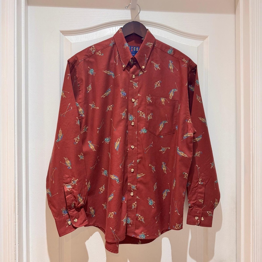 Vtg EXCO Mens Red Polo Horse Golf Pattern Button Down Long Sleeve Shirt Size M